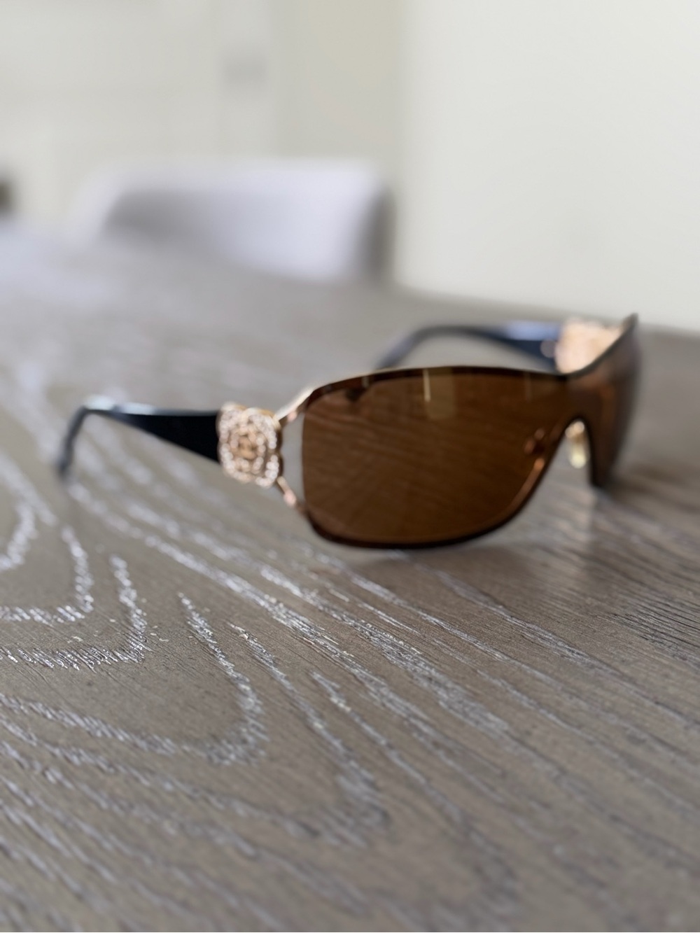 Vintage Chanel 4164-B Camellia Crystal Shield Sunglasses Brown Gold - Picture 2 of 6